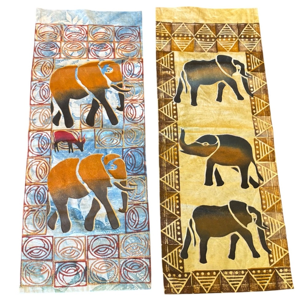 Pair Vintage Batik Tribal Textiles | Elephant | Handmade Wall Hangings Tapestry